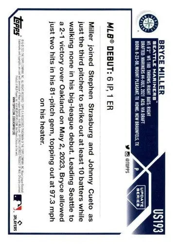 2023 Topps Update Series US193 Bryce Miller Mariners rookie baseball card in near mint condition