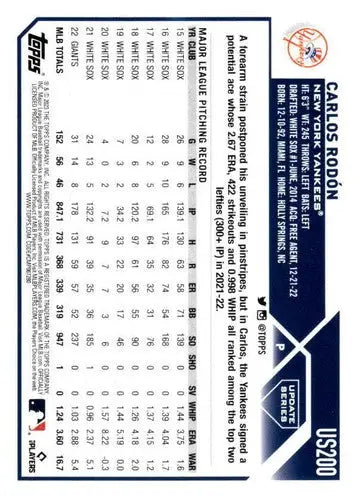 2023 Topps Update Series #US200 Carlos Rodon NM-MT Yankees ID:67670 - Baseball Card Single