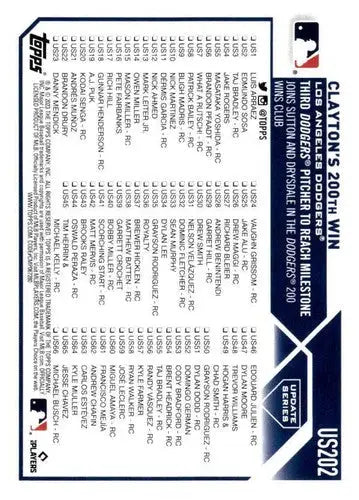 2023 Topps Update Series #US202 Clayton Kershaw NM Near Mint Dodgers Se ID:65750 - Baseball Card Single