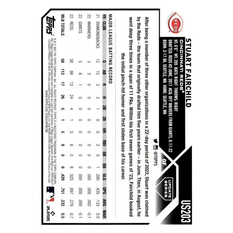 2023 Topps Update Series #US203 Stuart Fairchild NM-MT Cincinnati Reds Baseball Card - Baseball Card Single