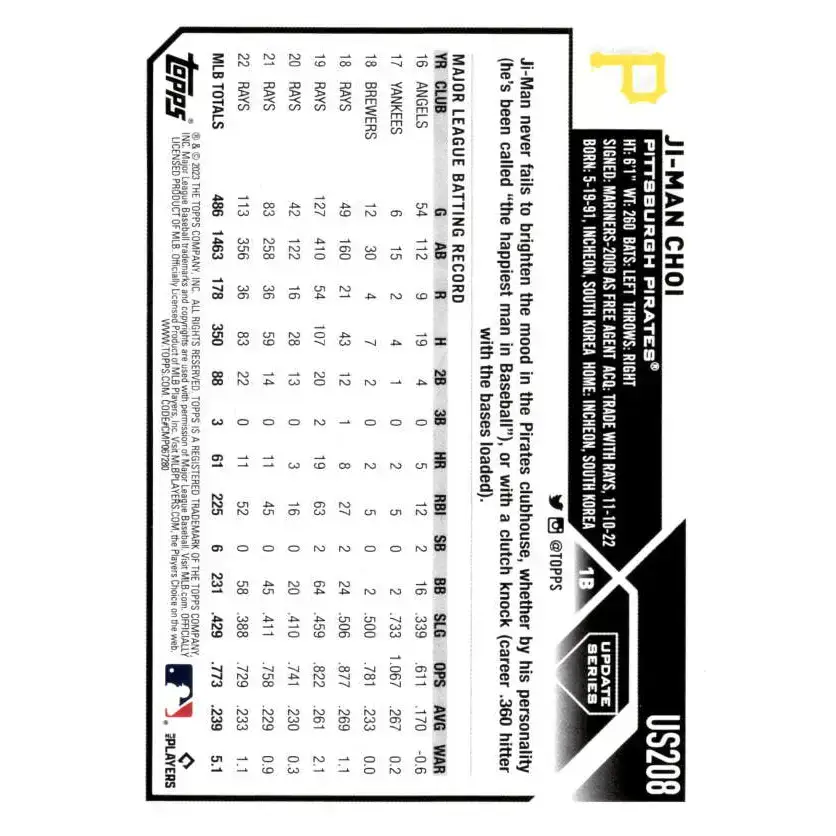 2023 Topps Update Series #US208 Ji-Man Choi NM-MT Pittsburgh Pirates Baseball Card - Baseball Card