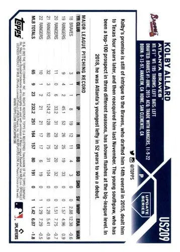 Original gloss 2023 Topps Update Series US209 Kolby Allard Braves baseball card