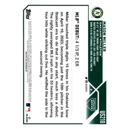 2023 Topps Update Series #US210 Mason Miller NM-MT Oakland Athletics Baseball Card - Baseball Card