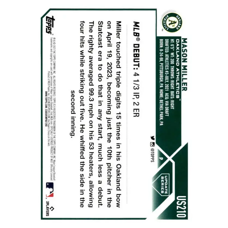 2023 Topps Update Series #US210 Mason Miller NM-MT Oakland Athletics Baseball Card - Baseball Card Single