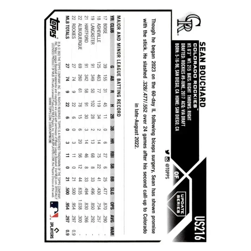 2023 Topps Update Series #US216 Sean Bouchard NM-MT RC Rookie Colorado Rockies Baseball Card - Baseball Card