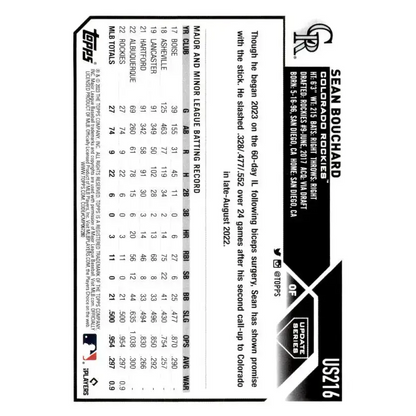 2023 Topps Update Series #US216 Sean Bouchard NM-MT RC Rookie Colorado Rockies Baseball Card - Baseball Card