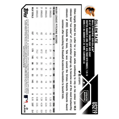 2023 Topps Update Series #US219 Dillon Tate NM-MT Baltimore Orioles Baseball Card - Baseball Card