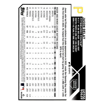 2023 Topps Update Series #US220 Jason Delay NM-MT RC Rookie Pittsburgh Pirates Baseball Card - Baseball Card