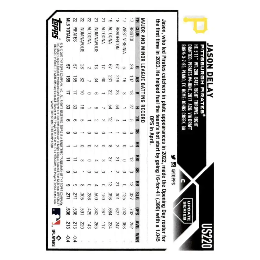 2023 Topps Update Series #US220 Jason Delay NM-MT RC Rookie Pittsburgh Pirates Baseball Card - Baseball Card Single