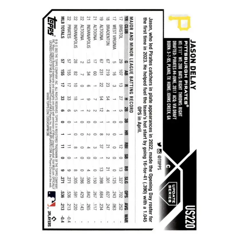 2023 Topps Update Series #US220 Jason Delay NM-MT RC Rookie Pittsburgh Pirates Baseball Card - Baseball Card Single