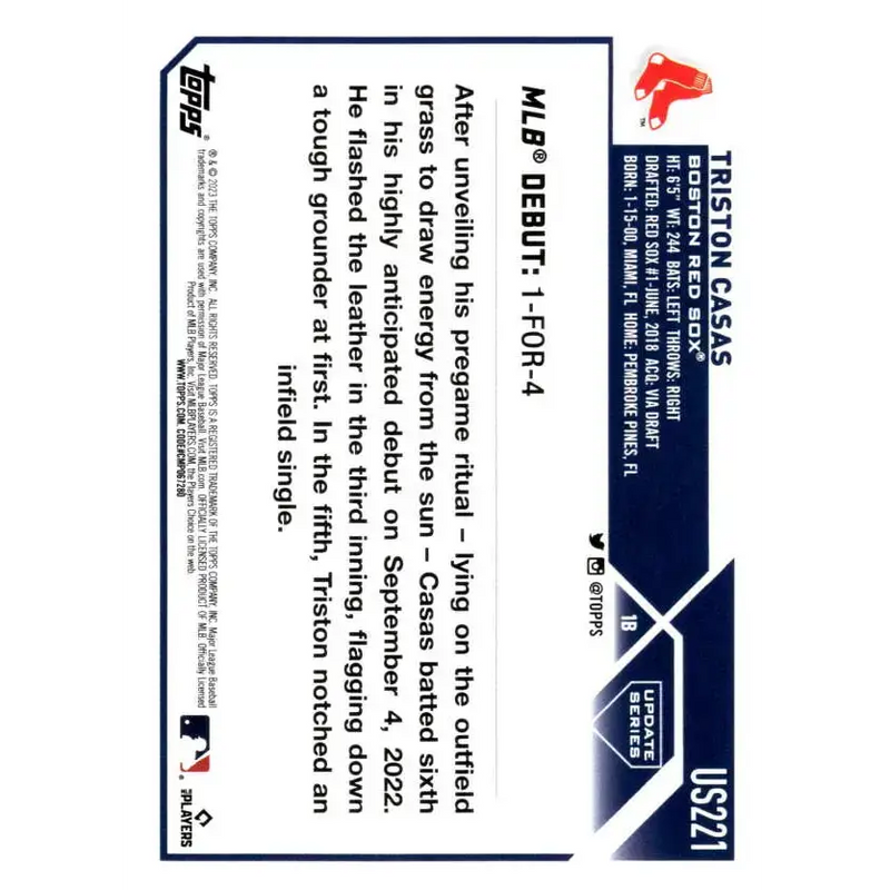 2023 Topps Update Series #US221 Triston Casas NM-MT Boston Red Sox Baseball Card - Baseball Card Single