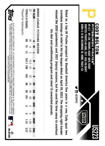 Cody Bolton baseball card from 2023 Topps Update Series NM Near Mint RC Rookie