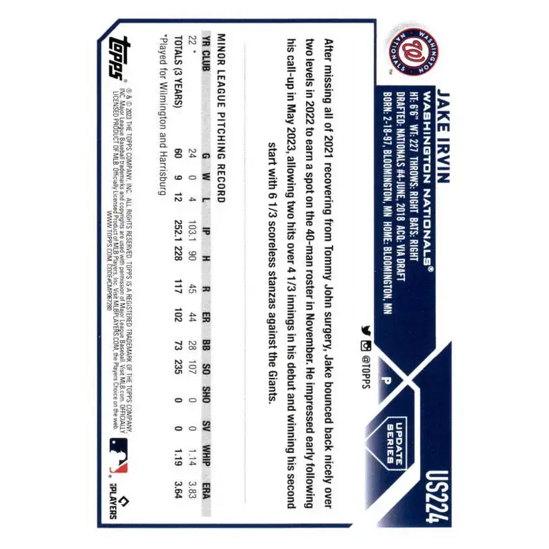 2023 Topps Update Series #US224 Jake Irvin NM-MT RC Rookie Washington Nationals Baseball Card - Baseball Card Single