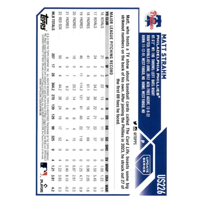 2023 Topps Update Series #US226 Matt Strahm NM-MT Philadelphia Phillies Baseball Card - Baseball Card Single