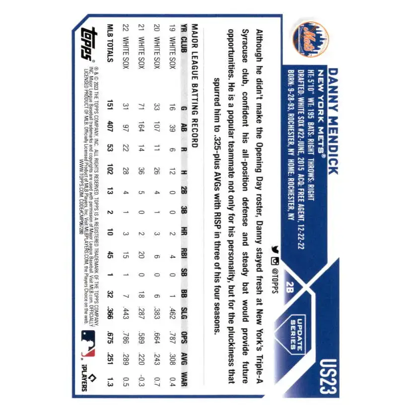 2023 Topps Update Series #US23 Danny Mendick NM-MT New York Mets Baseball Card - Baseball Card