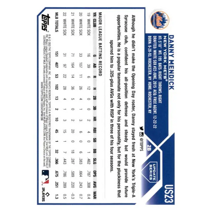 2023 Topps Update Series #US23 Danny Mendick NM-MT New York Mets Baseball Card - Baseball Card