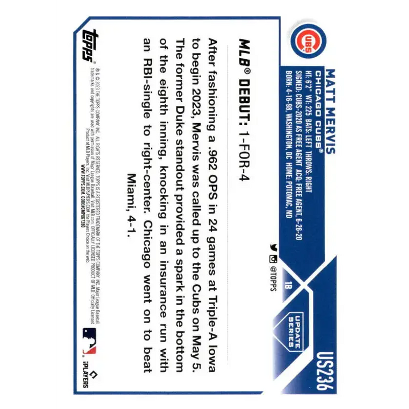 2023 Topps Update Series #US236 Matt Mervis NM-MT Chicago Cubs Baseball Card - Baseball Card Single