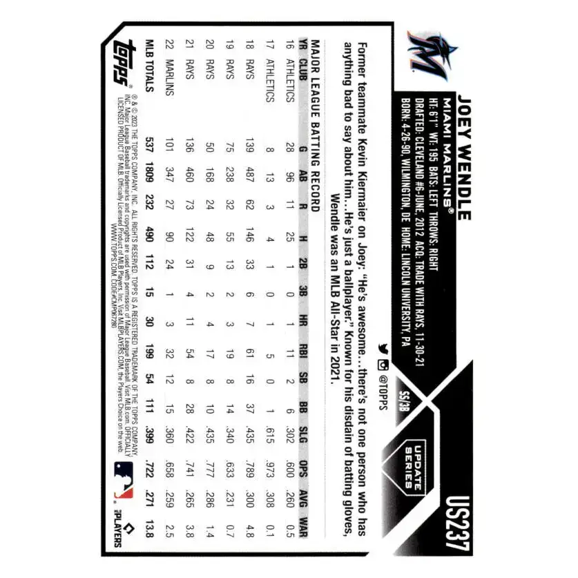 2023 Topps Update Series #US237 Joey Wendle NM-MT Miami Marlins Baseball Card - Baseball Card Single
