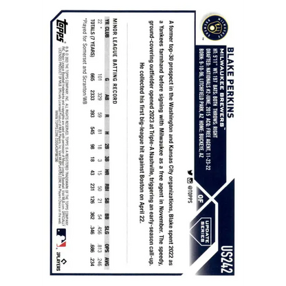 2023 Topps Update Series #US242 Blake Perkins NM-MT RC Rookie Milwaukee Brewers Baseball Card