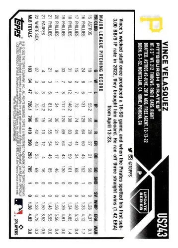 2023 Topps Update Series Vince Velasquez Baseball Card with Original Gloss Pirates