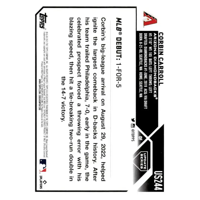 2023 Topps Update Series #US244 Corbin Carroll NM-MT Arizona Diamondbacks Baseball Card - Baseball Card