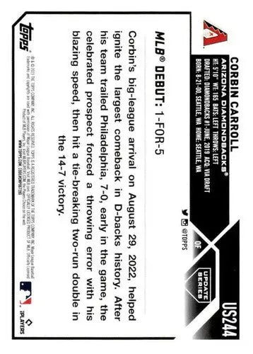 Corbin Carroll baseball card from 2023 Topps Update Series US244 with original gloss