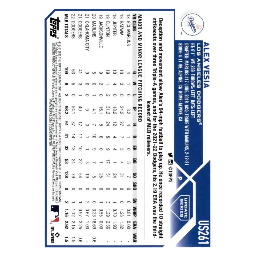 2023 Topps Update Series #US261 Alex Vesia NM-MT Los Angeles Dodgers Baseball Card - Baseball Card
