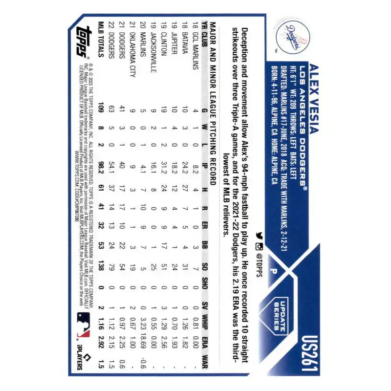 2023 Topps Update Series #US261 Alex Vesia NM-MT Los Angeles Dodgers Baseball Card - Baseball Card Single