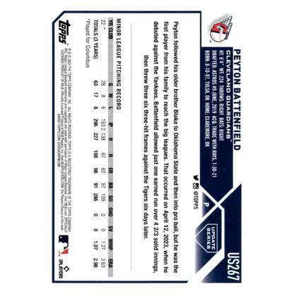 2023 Topps Update Series #US267 Peyton Battenfield NM-MT RC Rookie Cleveland Guardians Baseball Card - Baseball Card