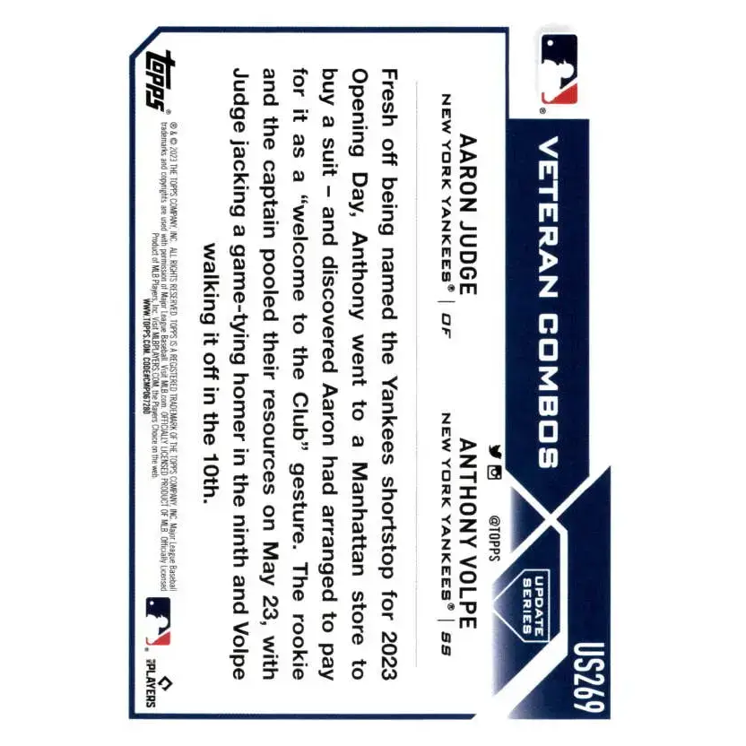 2023 Topps Update Series #US269 Anthony Volpe/Aaron Judge NM-MT New York Yankees Baseball Card