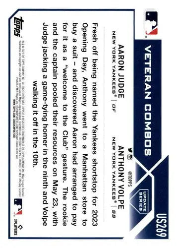 Baseball card from 2023 Topps Update Series featuring Anthony Volpe and Aaron Judge