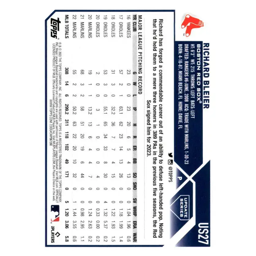 2023 Topps Update Series #US27 Richard Bleier NM-MT Boston Red Sox Baseball Card - Baseball Card
