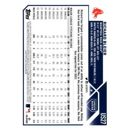 2023 Topps Update Series #US27 Richard Bleier NM-MT Boston Red Sox Baseball Card - Baseball Card