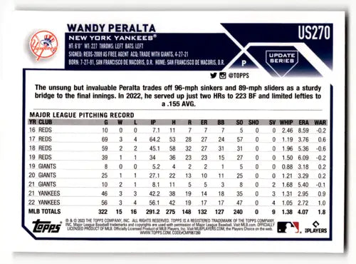 2023 Topps Update Series US270 Wandy Peralta Yankees baseball card side view