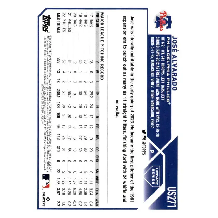 2023 Topps Update Series #US271 Jose Alvarado NM-MT Philadelphia Phillies Baseball Card - Baseball Card