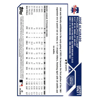 2023 Topps Update Series #US271 Jose Alvarado NM-MT Philadelphia Phillies Baseball Card - Baseball Card