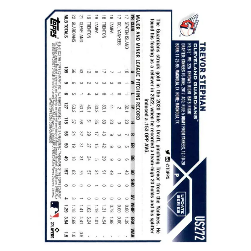 2023 Topps Update Series #US272 Trevor Stephan NM-MT Cleveland Guardians Baseball Card - Baseball Card Single