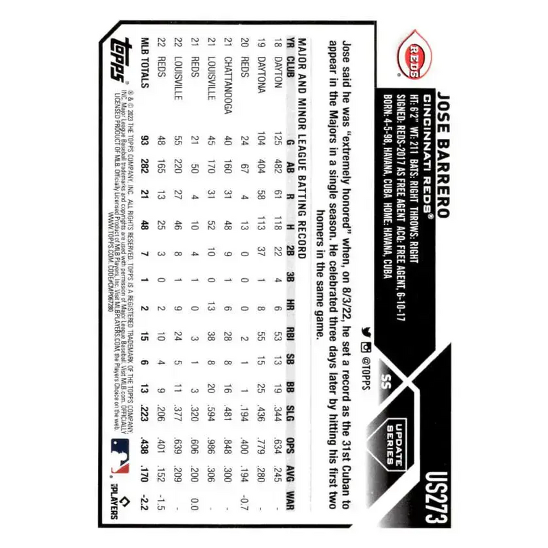 2023 Topps Update Series #US273 Jose Barrero NM-MT Cincinnati Reds Baseball Card - Baseball Card Single