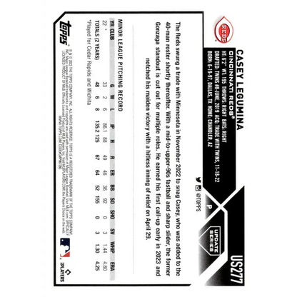 2023 Topps Update Series #US277 Casey Legumina NM-MT RC Rookie Cincinnati Reds Baseball Card - Baseball Card