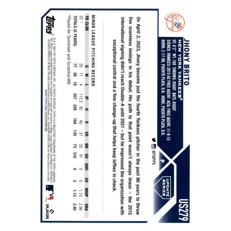 2023 Topps Update Series #US279 Jhony Brito NM-MT RC Rookie New York Yankees Baseball Card - Baseball Card Single