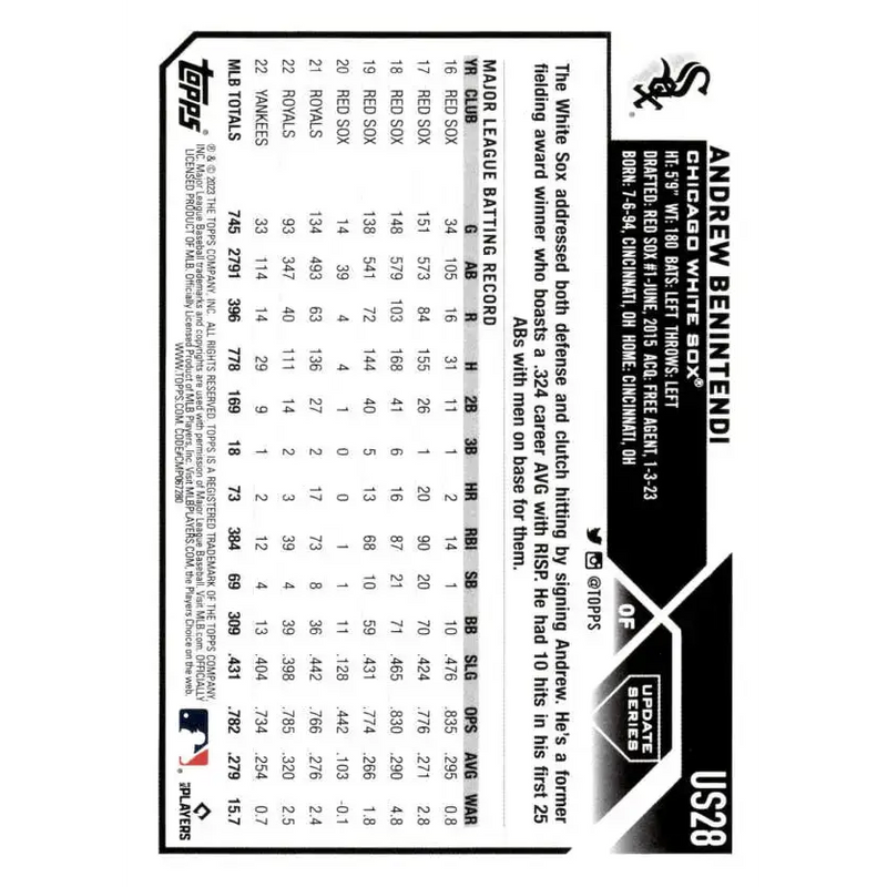 2023 Topps Update Series #US28 Andrew Benintendi NM-MT Chicago White Sox Baseball Card