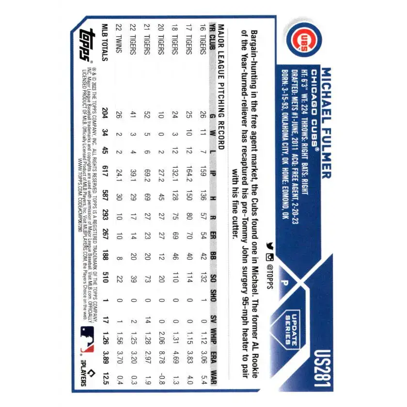 2023 Topps Update Series #US281 Michael Fulmer NM-MT Chicago Cubs Baseball Card - Baseball Card