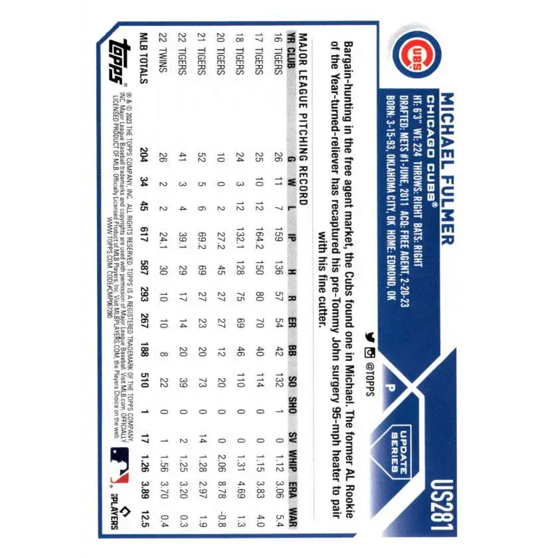 2023 Topps Update Series #US281 Michael Fulmer NM-MT Chicago Cubs Baseball Card
