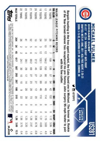 Original gloss 2023 Topps Update Series US281 Michael Fulmer baseball card near mint