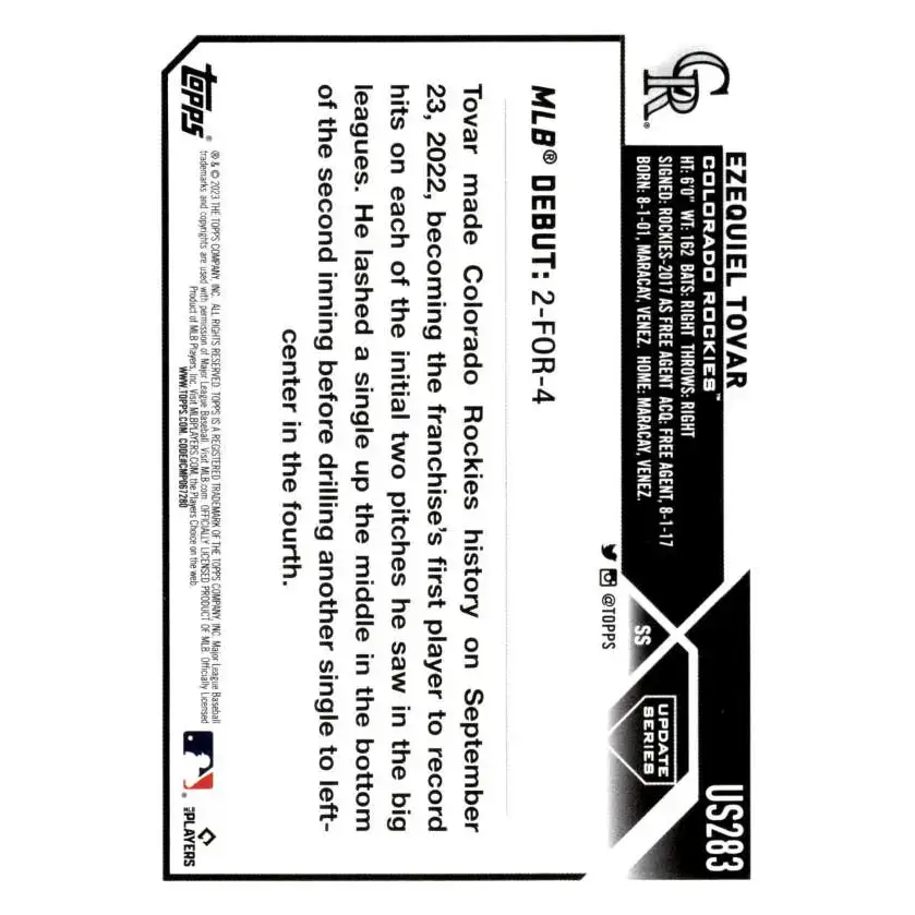 2023 Topps Update Series #US283 Ezequiel Tovar NM-MT Colorado Rockies Baseball Card