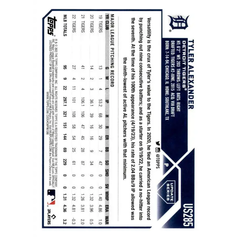 2023 Topps Update Series #US285 Tyler Alexander NM-MT Detroit Tigers Baseball Card - Baseball Card Single