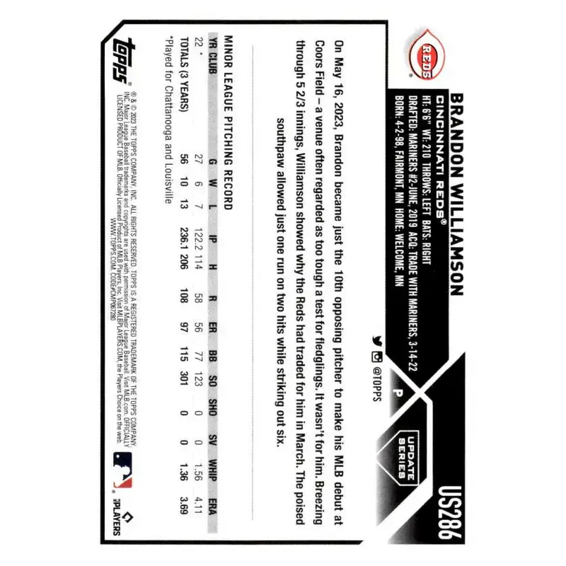 2023 Topps Update Series #US286 Brandon Williamson NM-MT RC Rookie Cincinnati Reds Baseball Card - Baseball Card Single