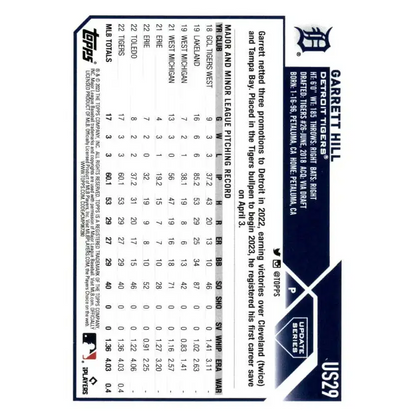 2023 Topps Update Series #US29 Garrett Hill NM-MT RC Rookie Detroit Tigers Baseball Card - Baseball Card