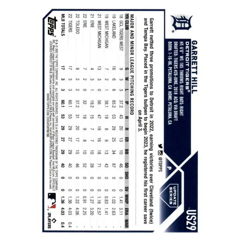 2023 Topps Update Series #US29 Garrett Hill NM-MT RC Rookie Detroit Tigers Baseball Card