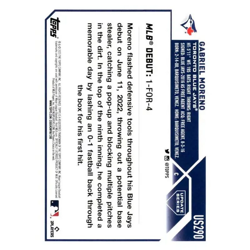 2023 Topps Update Series #US290 Gabriel Moreno NM-MT Toronto Blue Jays Baseball Card - Baseball Card Single
